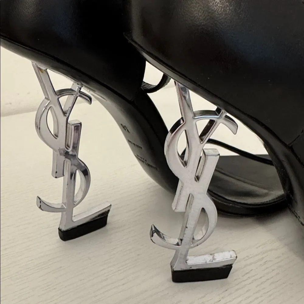 Saint Laurent Opyum YSL Logo Black Leather Silver High Heel Sandal EU 38 US 8 - Picture 7 of 10